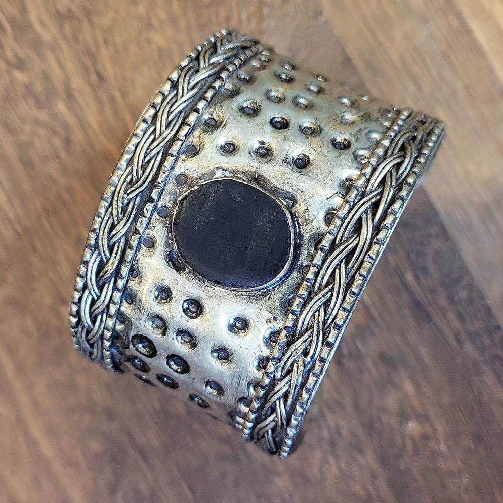 Vintage Hammered Silver Tone & Black Cuff Bracelet